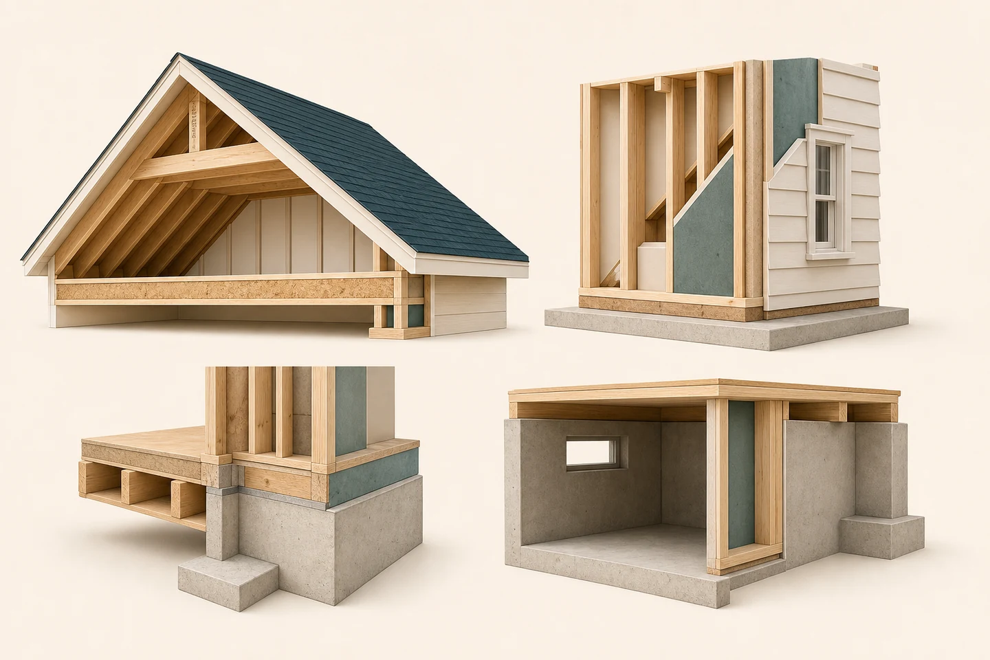 Conceptual architectural atlas showing an attic, an exterior wall, a rim-joist connection, and a basement boundary.