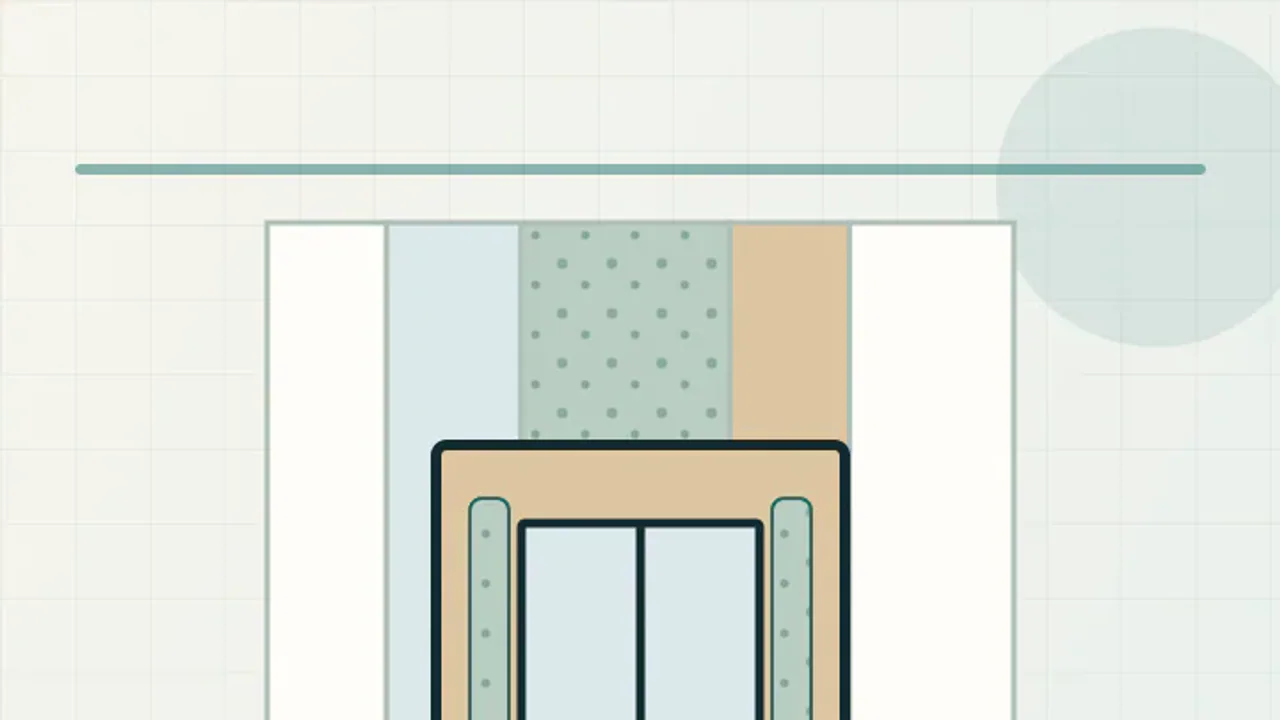 Five vertical wall layers surround a framed window opening.
